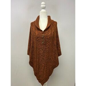 Boho Cabin Tint & Shadow Women L/XL Rust Brown Cable Knit Shawl Collar Poncho